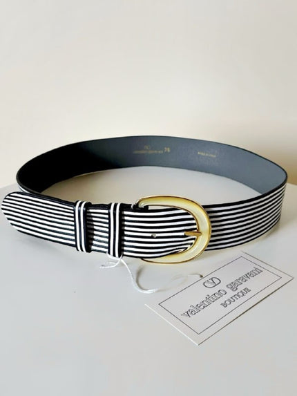 Cintura vintage Valentino Garavani a righe bianche e nere con cintura in metallo e resina