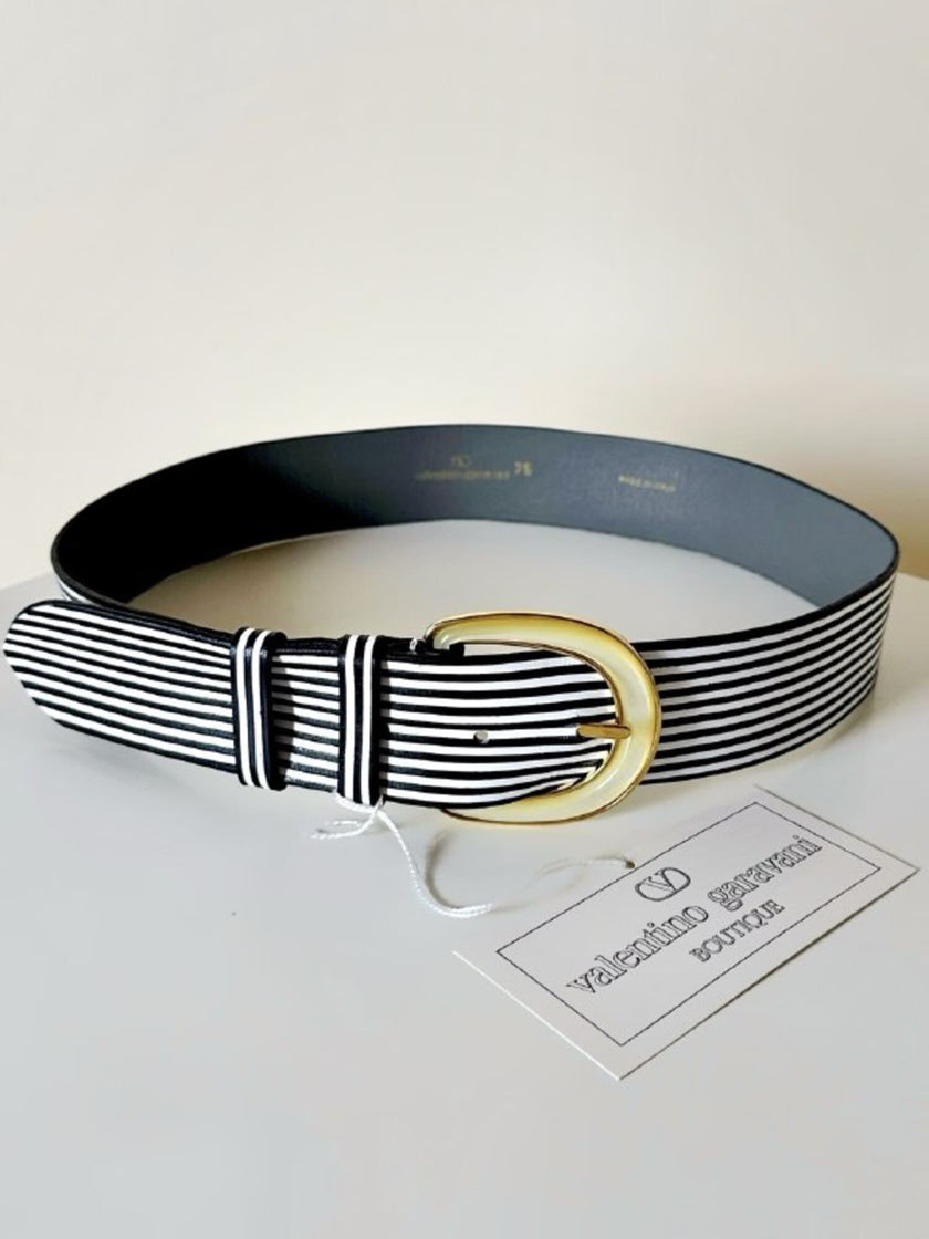 Vintage Valentino Garavani black and white striped belt with metal and resin hardware