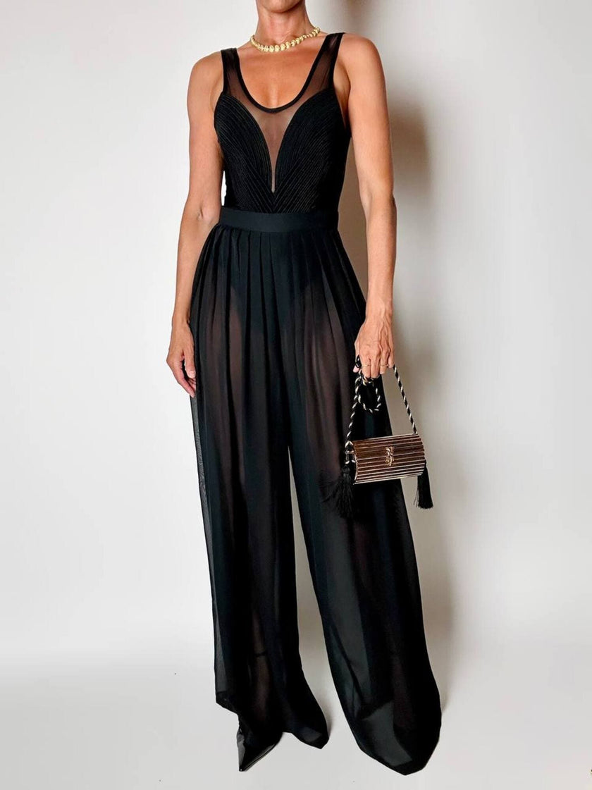 Schwarze Palazzo-Hose mit hoher Taille aus Voile