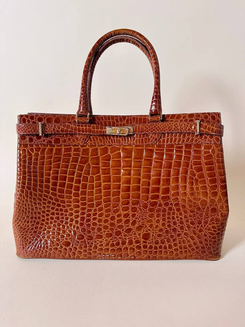 Maxi borsa in pelle stampa coccodrillo color cuoio
