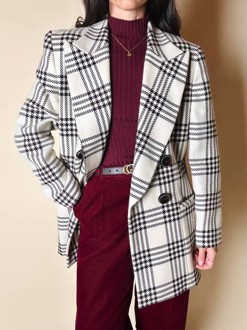 Blazer vintage Gai Mattiolo doppiopetto in lana panna con fantasia principe di Galles testa di moro