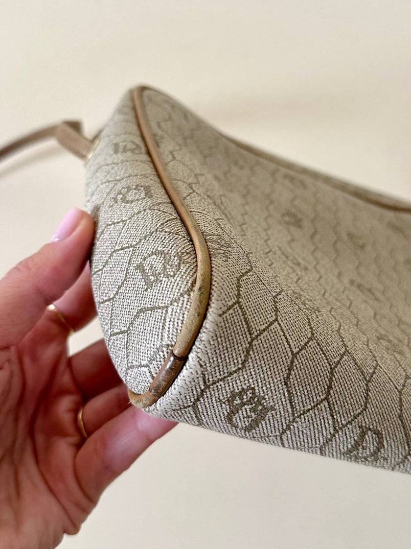 Borsa Christian Dior in tessuto jacquard logato beige con dettagli in pelle cuoio