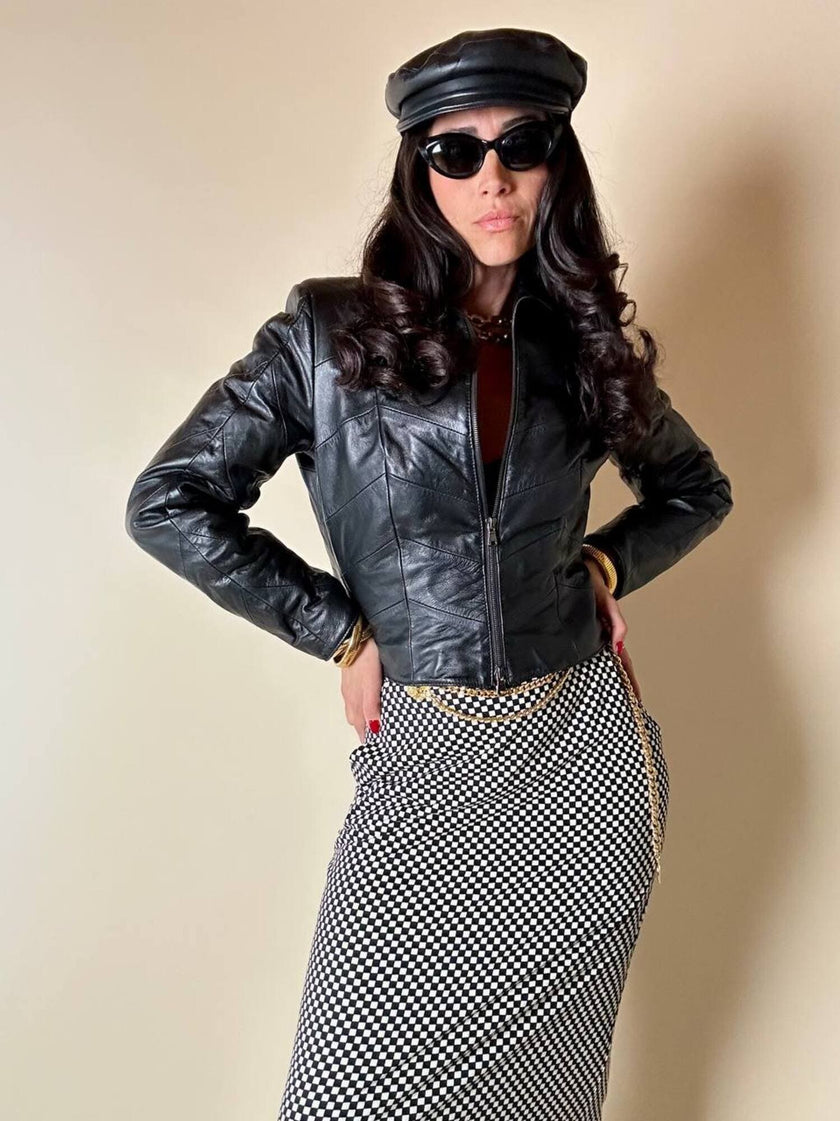Schwarze Lederjacke in Ton-in-Ton-Patchwork-Verarbeitung „Ilaria F.“