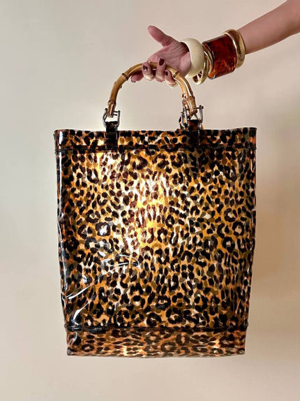 Tote bag Clever Carriage Co. in PVC leopardato con manici in vero bambù