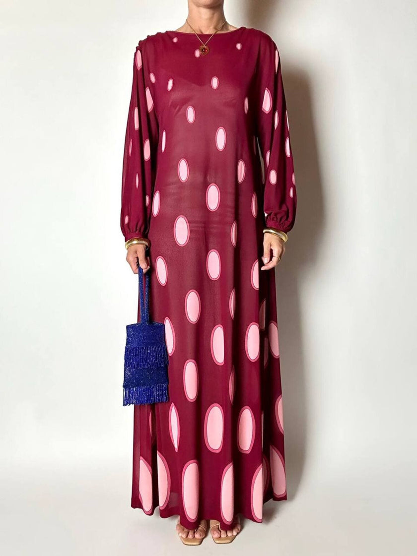 Maxi abito vintage Gottex in cpêpe amarena con maxi pois irregolari rosa