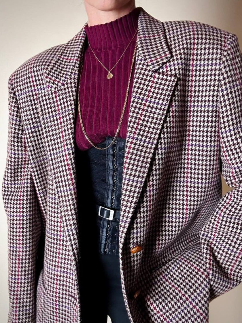 Blazer United Class Coll Colors Benetton in lana pied de poule beige e cioccolato con bottoni berlebeck