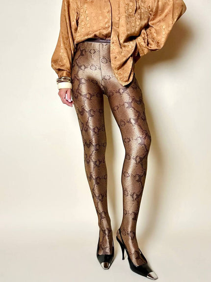 Collant Yves Saint Laurent in lycra fantasia pitone nei toni del beige bronzo e marrone