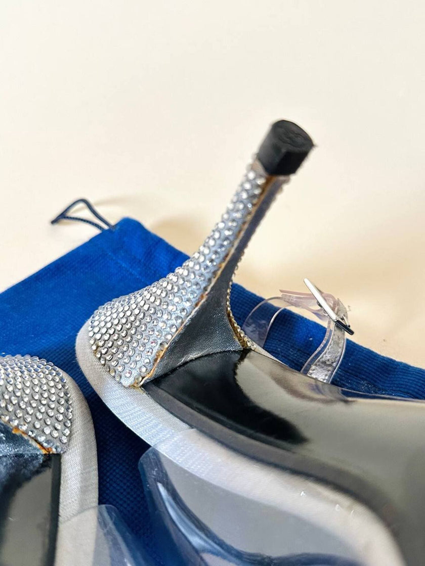 Slingback vintage a punta in plexi e strass argento Stuart Weitzman