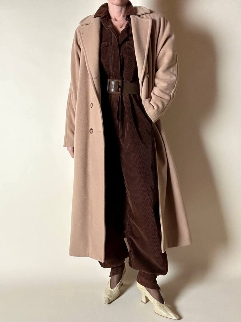 Cappotto vintage Kamaé modello vestaglia in lana e cachemire cammello chiaro