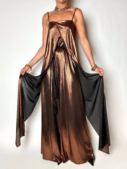 Jumpsuit a palazzo Weili Zheng in tessuto laminato bronzo