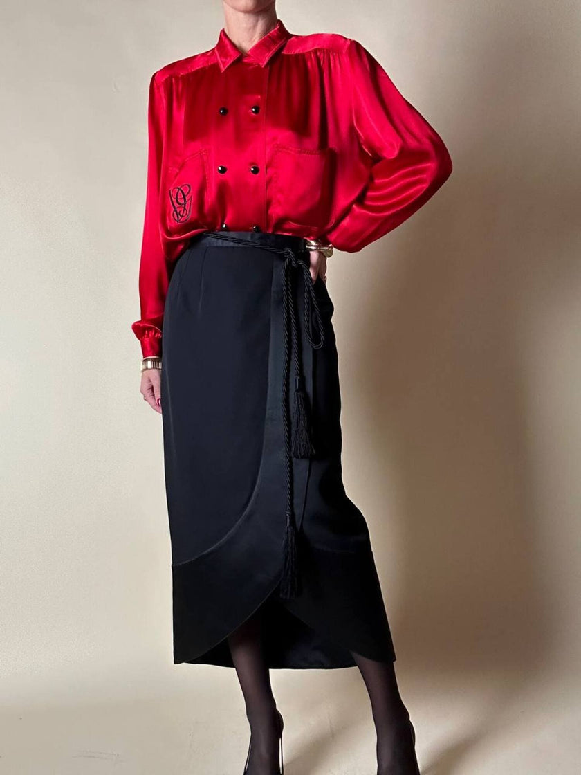 Gonna tulip nera in rasato di lana con riporti in raso “Guy Laroche”
