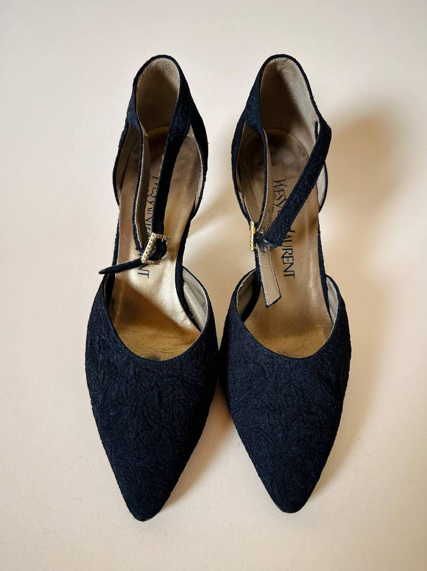 Scarpe in broccato nero con fibbie gioiello Yves Saint Laurent