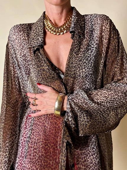 Camicia leopardata in chiffon operato con fili di lamè oro