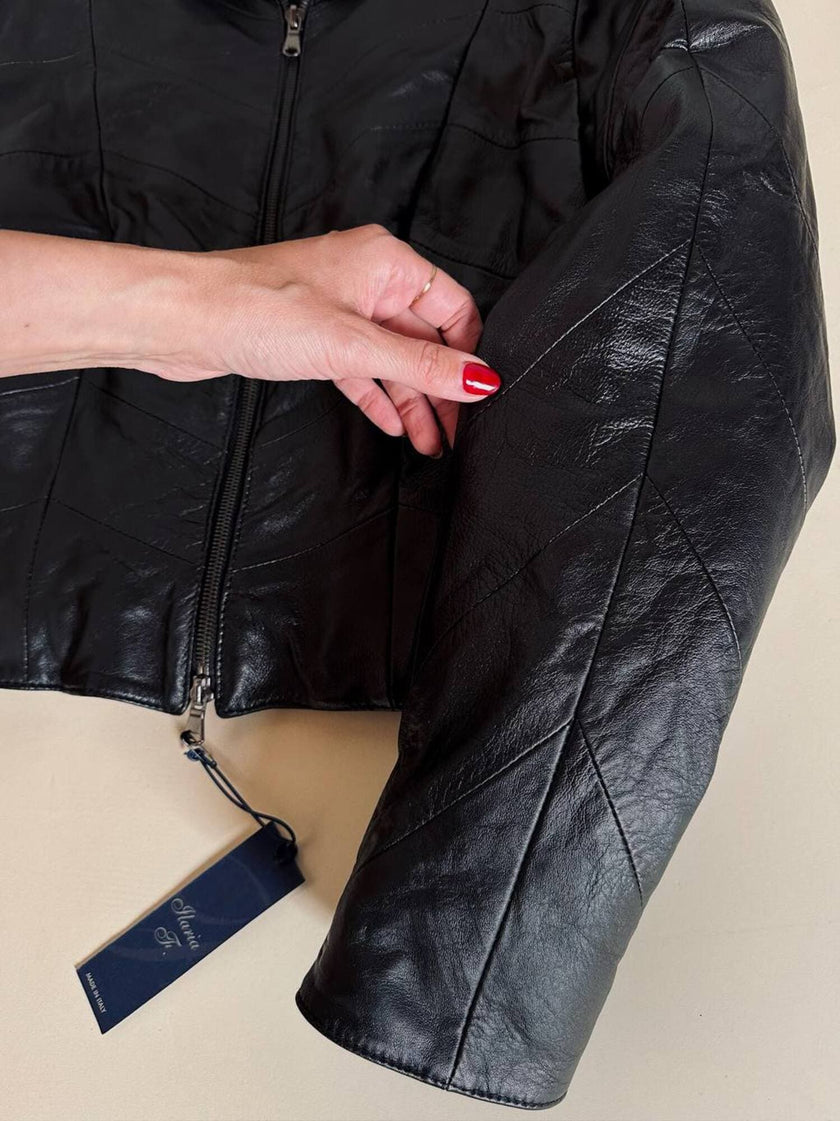 Schwarze Lederjacke in Ton-in-Ton-Patchwork-Verarbeitung „Ilaria F.“