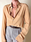 Camicia Yves Saint Laurent in seta jacquard color biscotto con motivo a righe e loghi