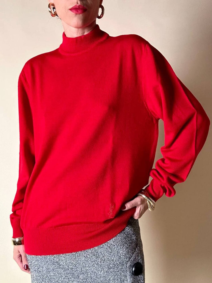 Lupetto in lana rossa con logo ricamato “Yves Saint Laurent”