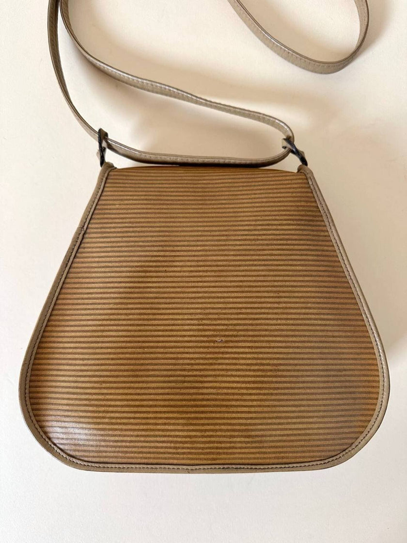 Borsa Yves Saint Laurent in tessuto plastificato millerighe color cammello con riporti in pelle argilla