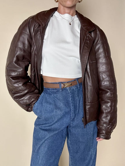 Bomber vintage in pelle color cioccolato modello over con manica raglan