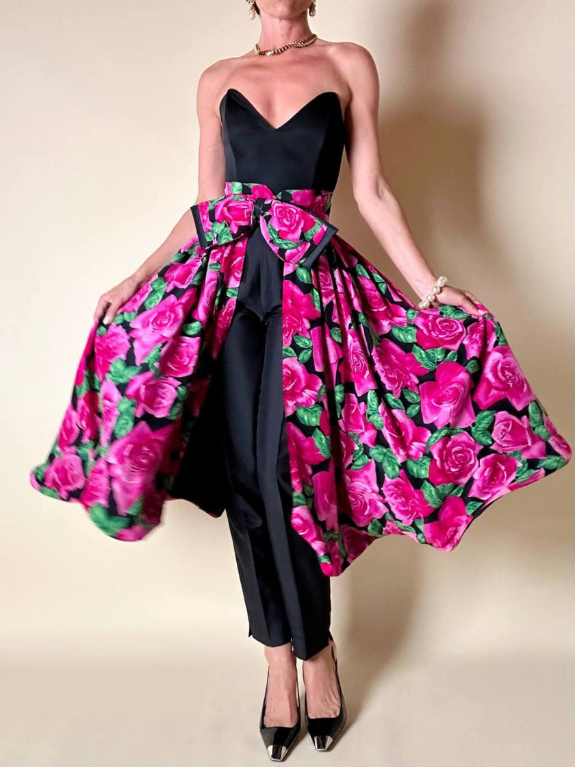 Gonna a ruota in seta fantasia floreale fucsia con maxi fiocco
