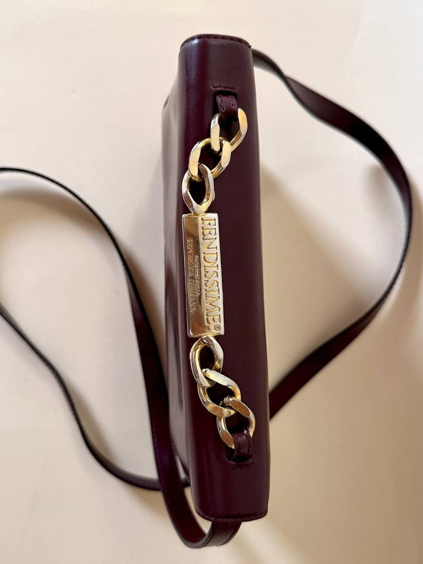 Fendissime handbag in burgundy brushed leather with gold chain jewel handle and detachable shoulder strap