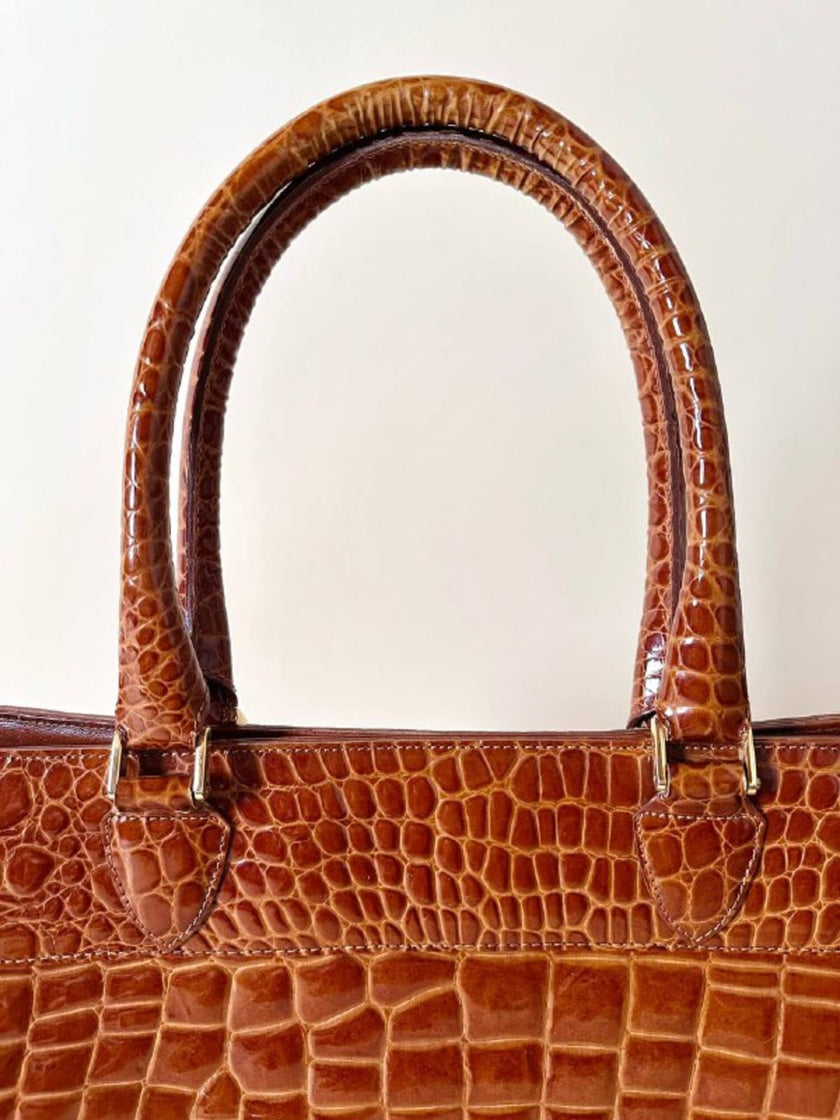 Maxi borsa in pelle stampa coccodrillo color cuoio