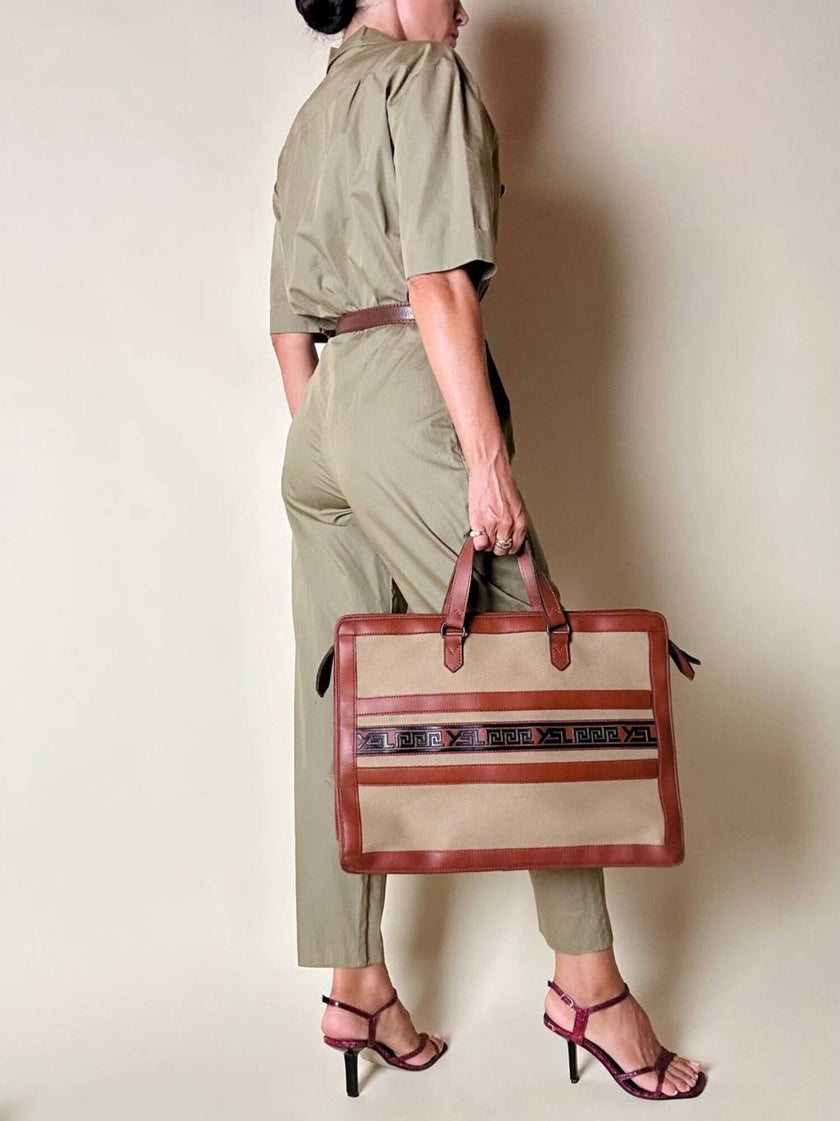 Borsa Yves Saint Laurent in canvas beige con profili color cuoio e motivo greca con logo