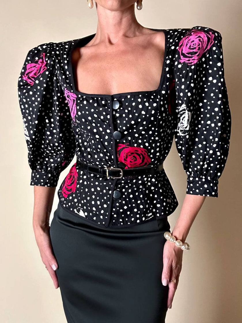 Giacchina corta con maniche a palloncino fantasia rose e pois “Genny”