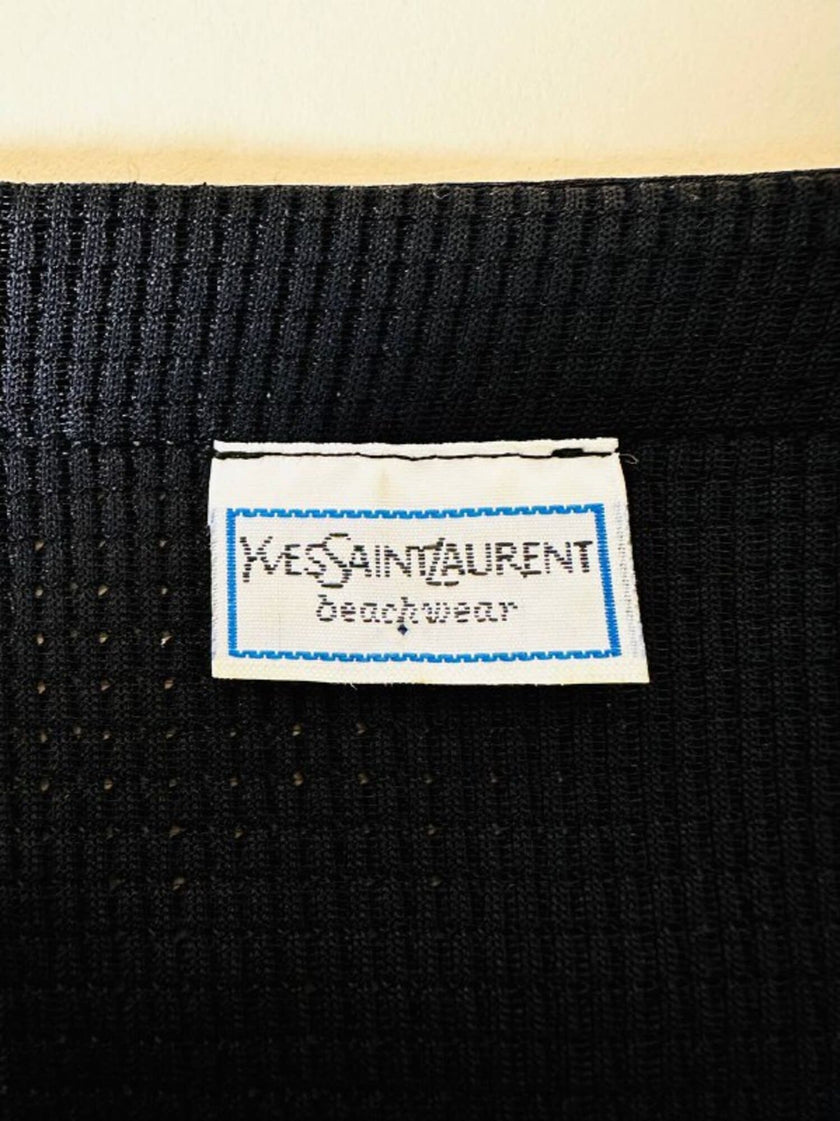 Mini dress oro in tessuto operato con profili neri in raso nero  “Yves Saint Laurent”