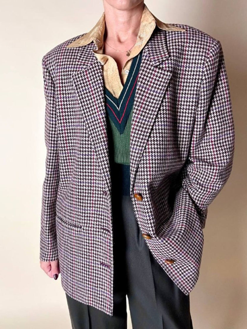 Blazer United Class Coll Colors Benetton in lana pied de poule beige e cioccolato con bottoni berlebeck