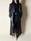 Maxi cappotto vintage in pelle nera Real Leather con fodera matelassé