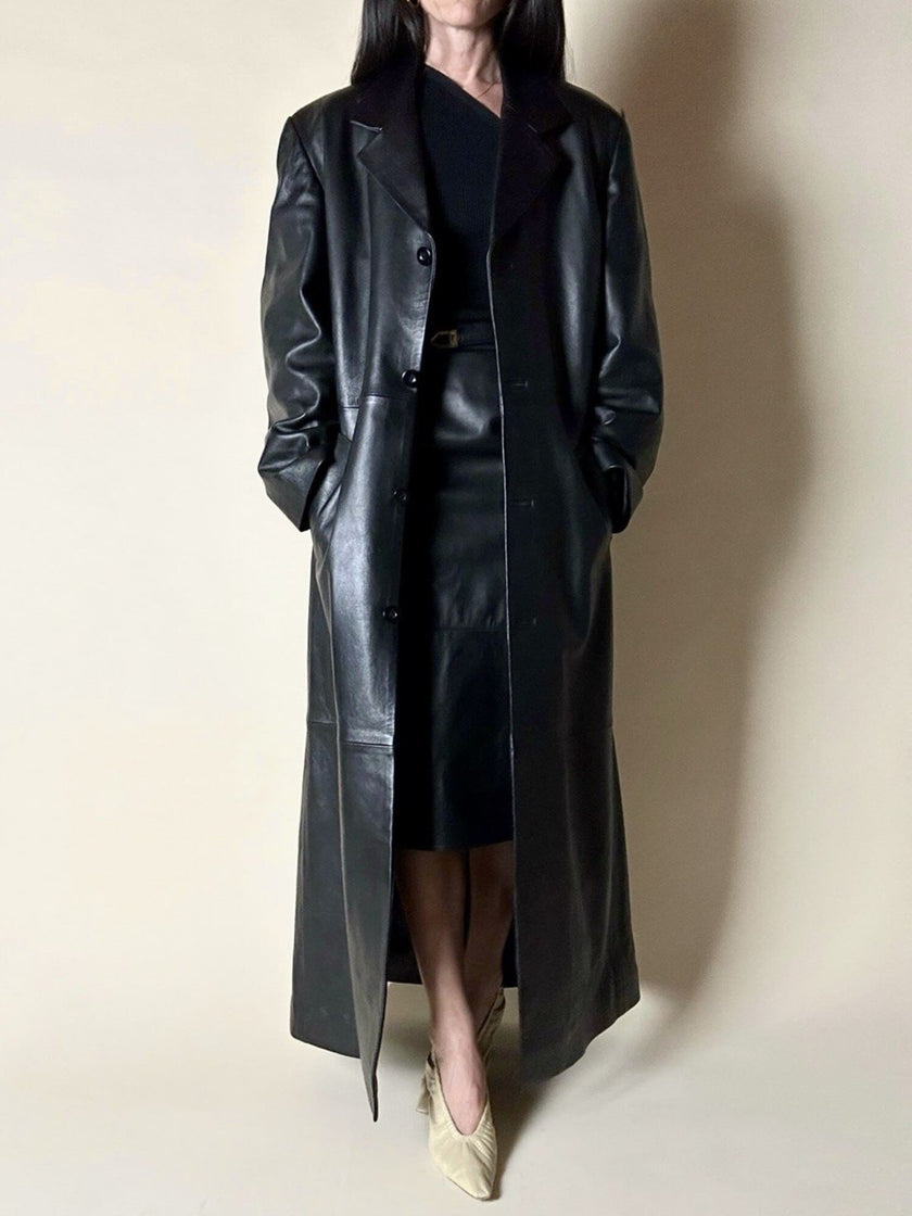 Maxi cappotto vintage in pelle nera Real Leather con fodera matelassé