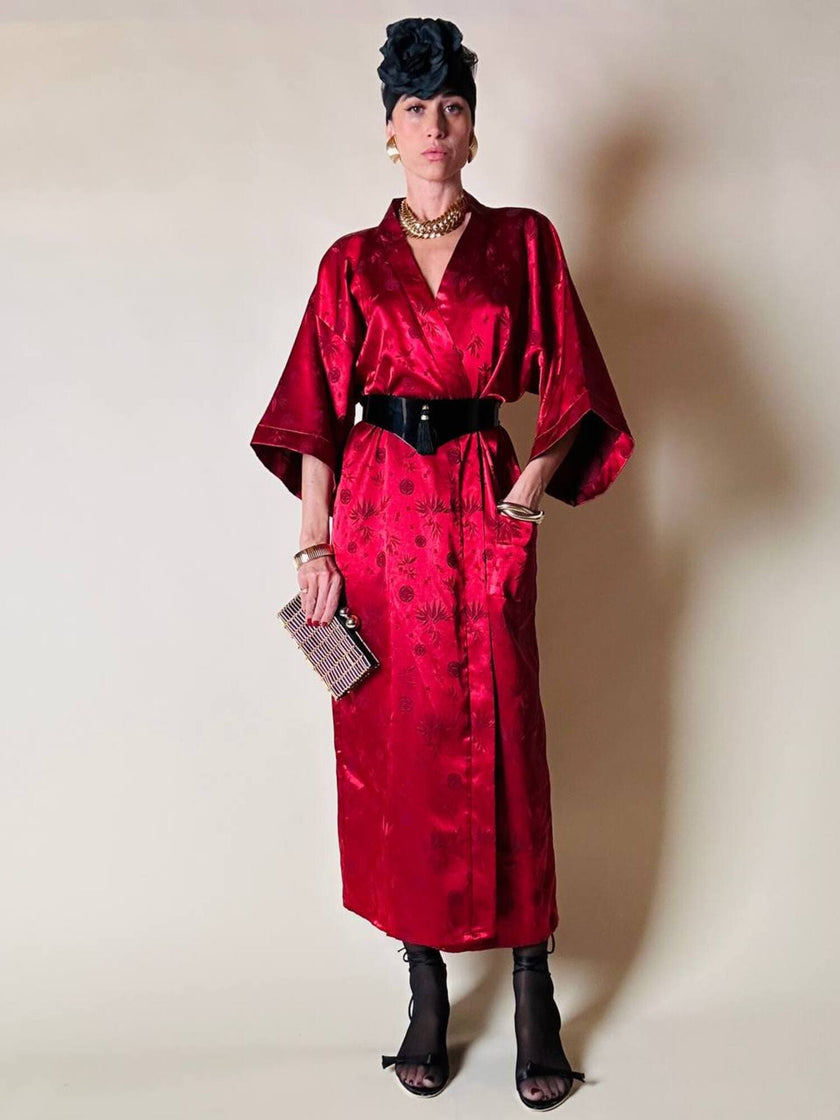 Kimono rosso bordeaux in tessuto Jacquard