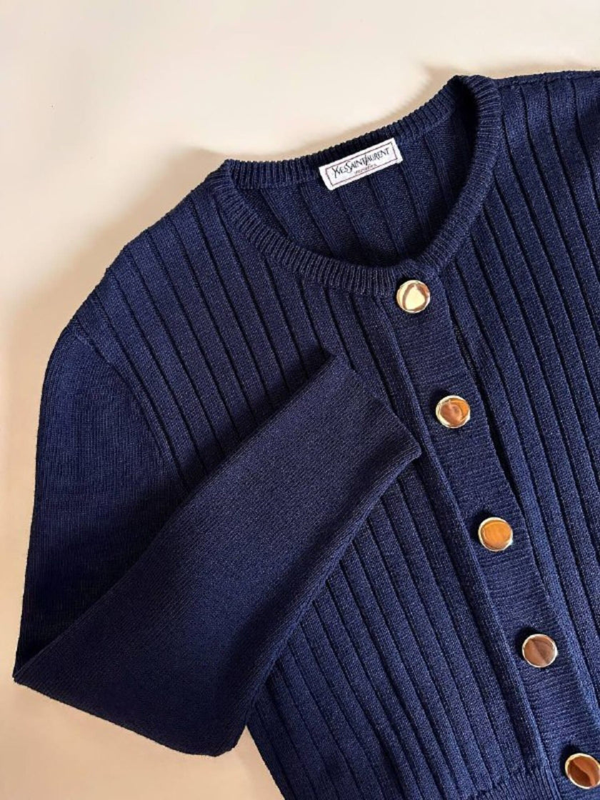 Cardigan Yves Saint Laurent blu navy con bottoni dorati a specchio
