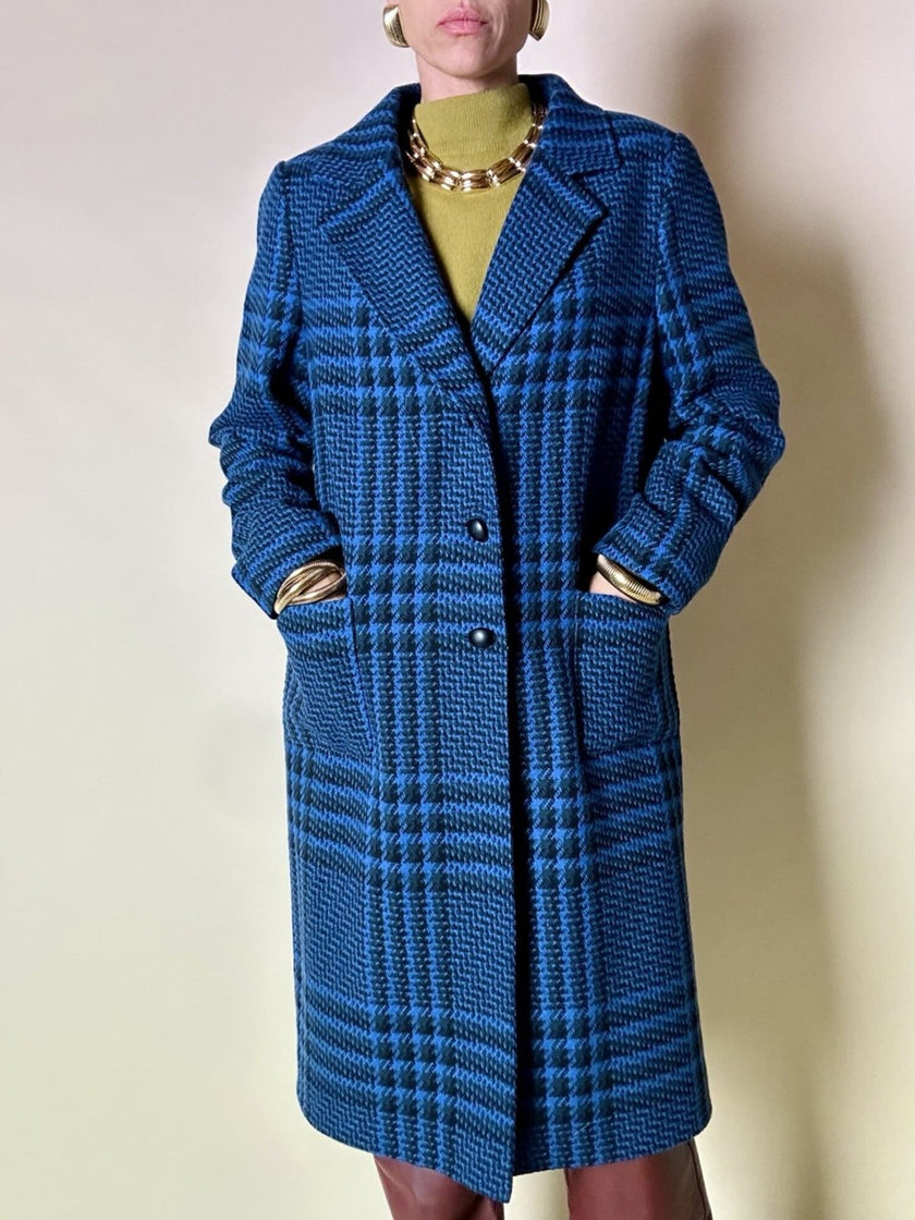 Cappotto in pura lana fantasia principe di Galles blu elettrico e nero Gigli Del Campo