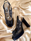 Slingback con plateau in raso di seta e rete ricamata “Gianni Versace”