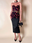 Bustier nero fantasia rose rosse in seta operata “Rena Lange”