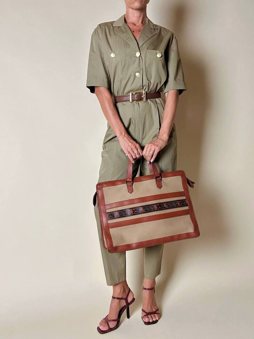 Borsa Yves Saint Laurent in canvas beige con profili color cuoio e motivo greca con logo