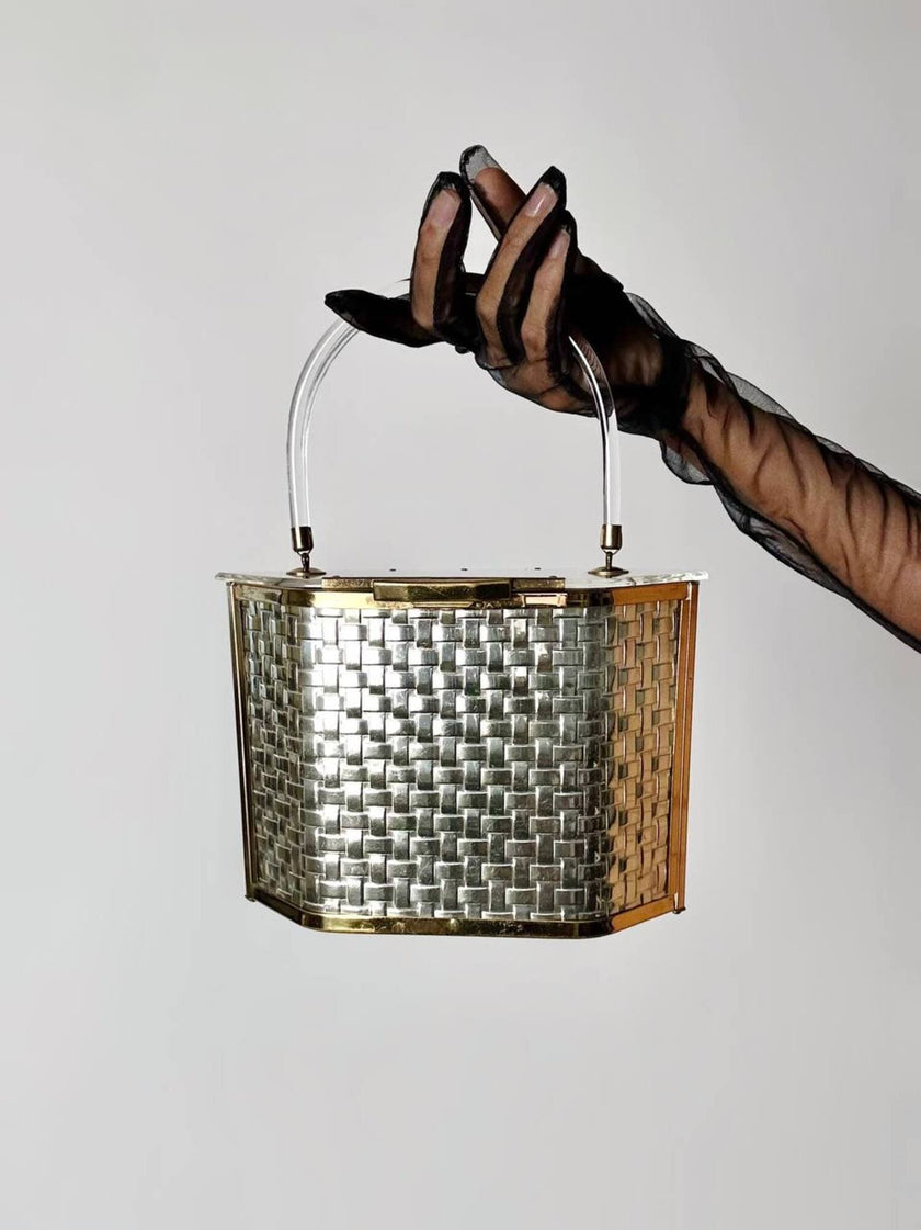 Box Bag vintage in lucite e metallo dorato effetto intrecciato
