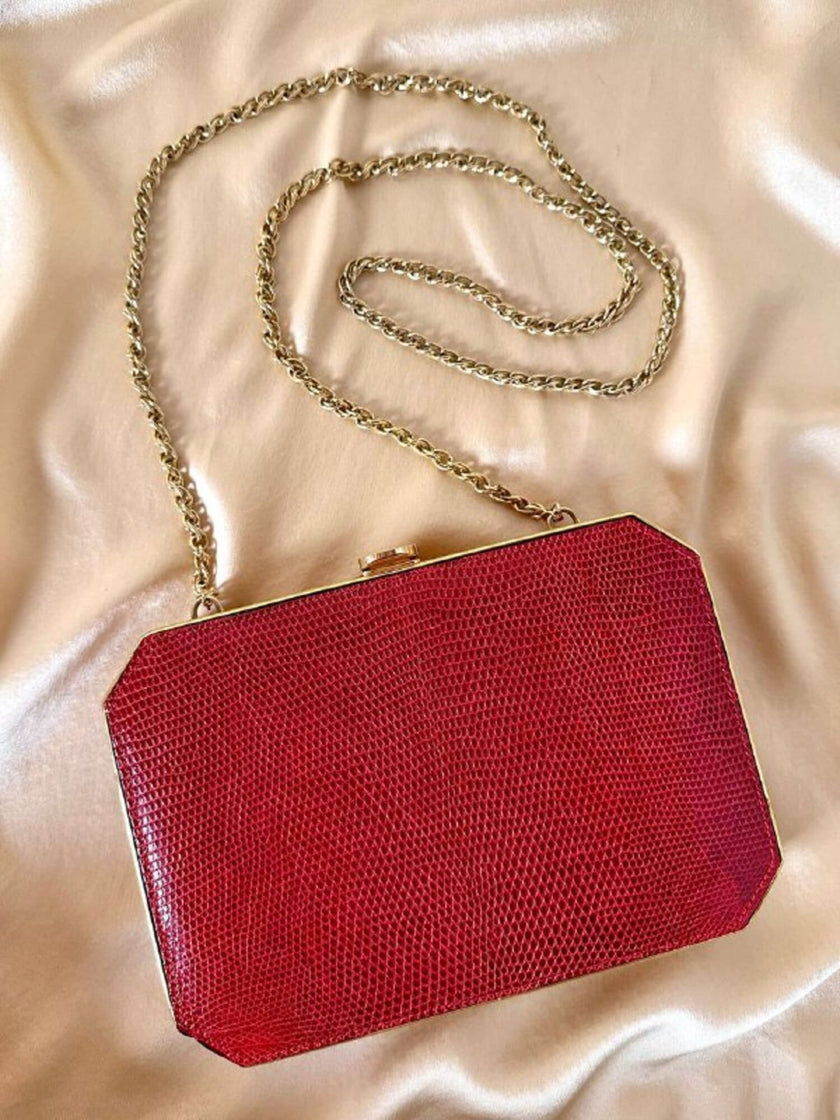 Borsa vintage Sgargi forma ottagonale in lizard rossa con tracolla in catena