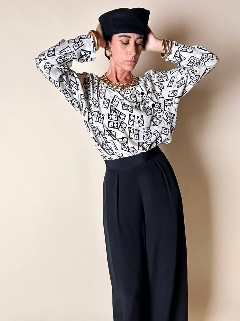 Blusa Yves Saint Laurent in tessuto jacquard bianco e nero fantasia Domino