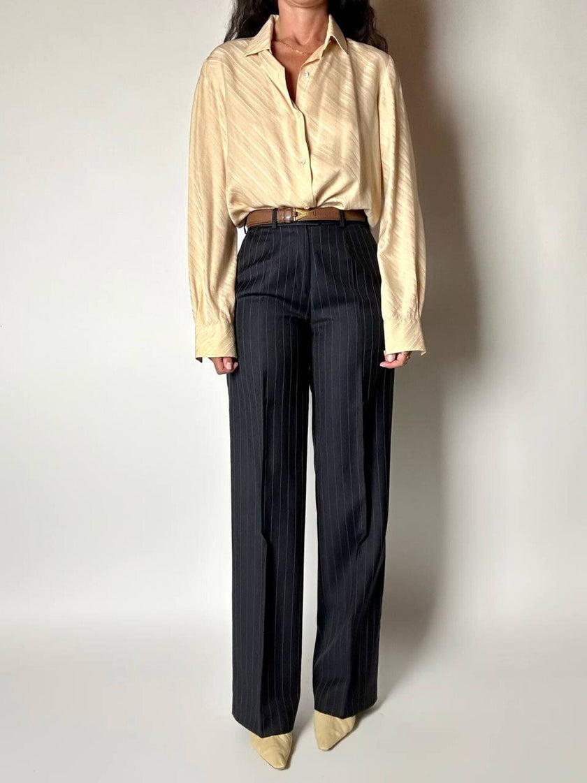 Pantalone vintage a palazzo blu notte gessato in pregiato fresco lana di Tasmania e seta