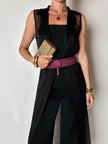 Gilet vintage lungo in rete nera con rever e spacchi laterali New Age