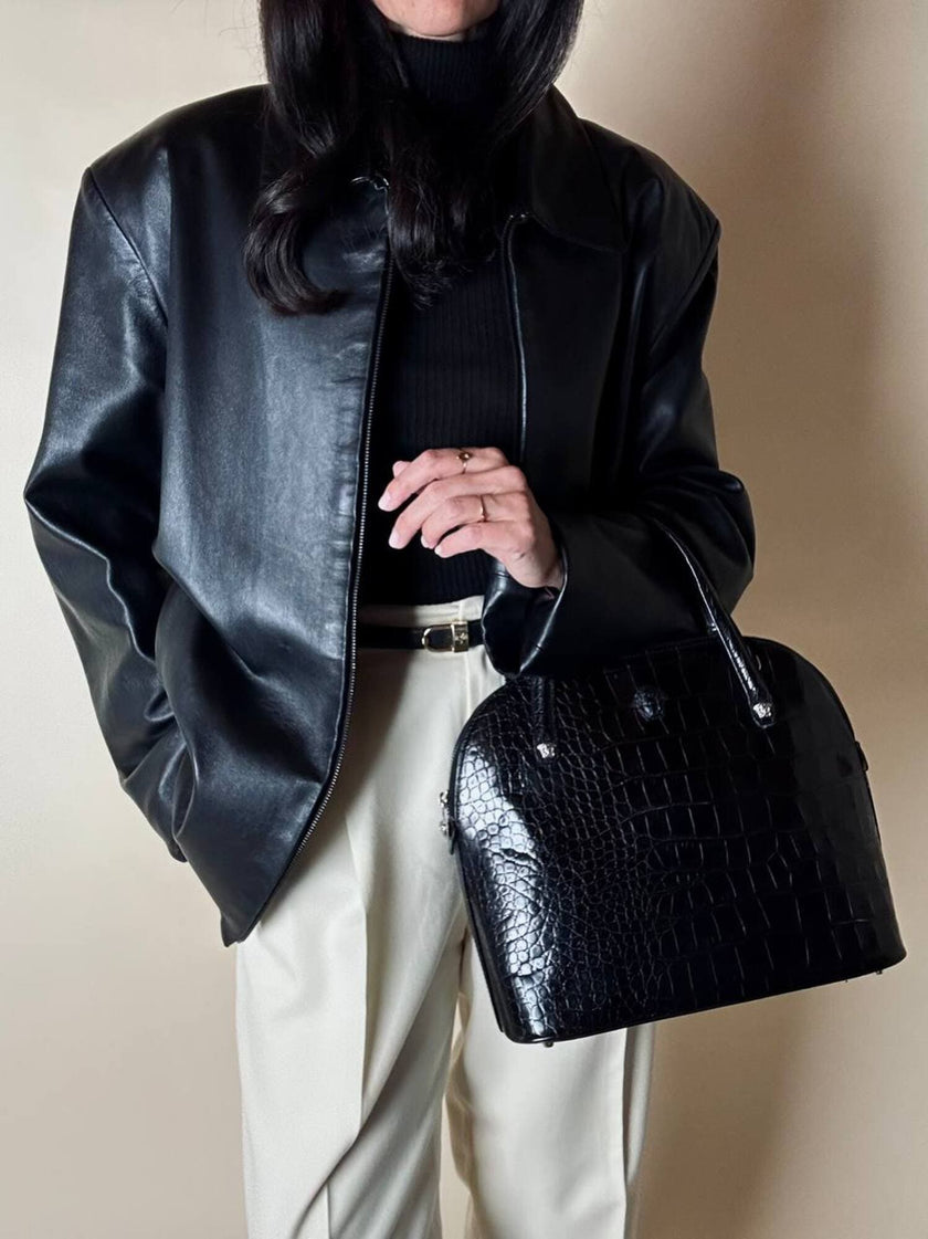 Giacca vintage in pelle nera con zip Michael Hoban North Beach Leather