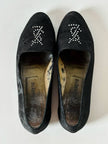 Ballerine slipper Yves Saint Laurent jacquard in tela nera animalier con monogramma YSL in strass