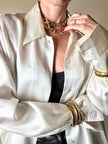 Camicia vintage in raso di seta avorio millerighe modello oversize con bottoni di madreperla