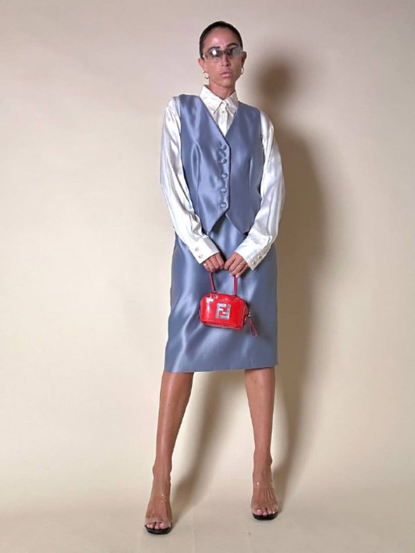 Completo gonna/gilet in raso grigio azzurro “Yves Saint Laurent”