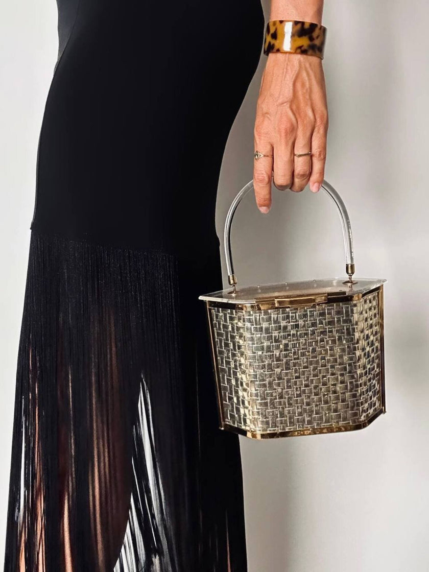 Box Bag vintage in lucite e metallo dorato effetto intrecciato