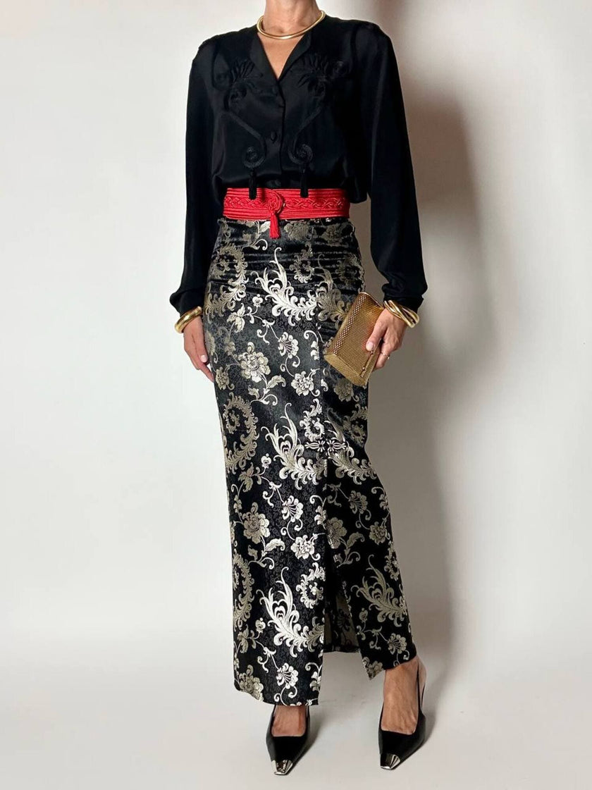 Gonna lunga a tubino in raso jacquard nero e platino fantasia floreale