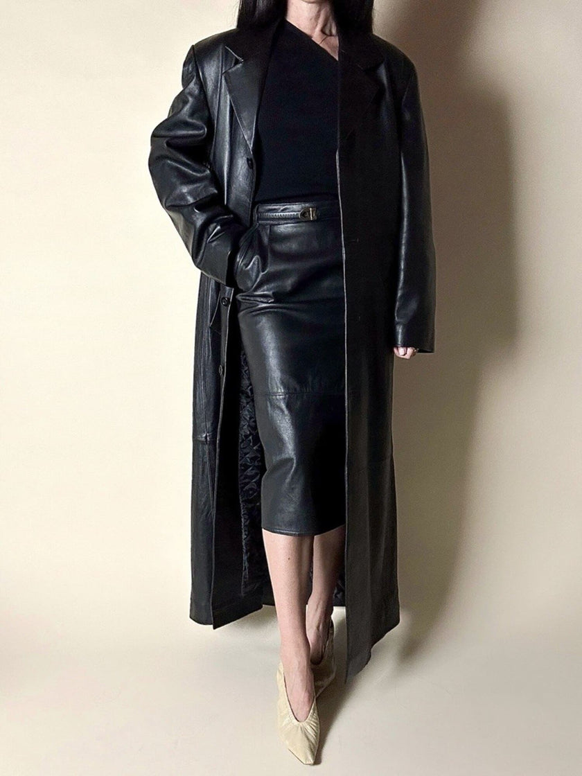 Maxi cappotto vintage in pelle nera Real Leather con fodera matelassé