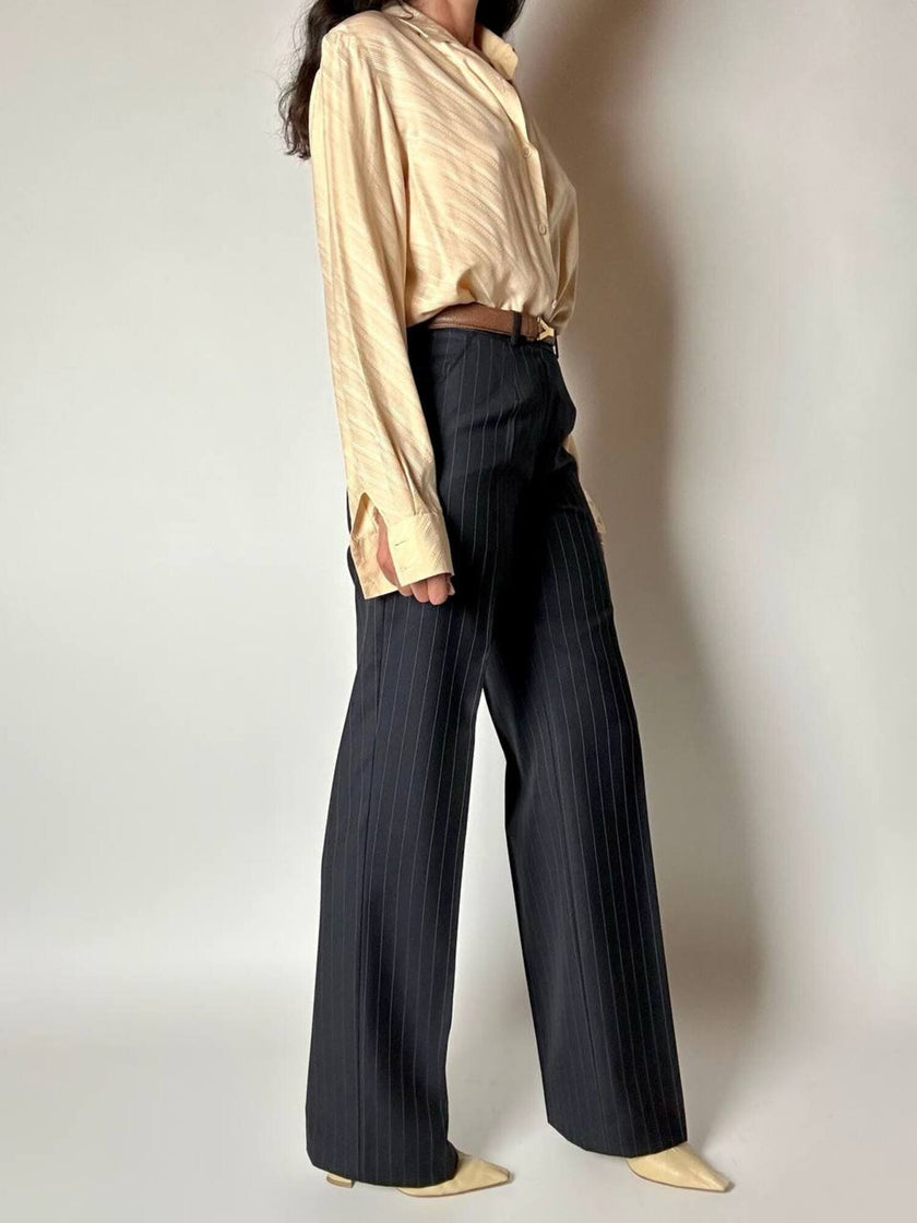 Pantalone vintage a palazzo blu notte gessato in pregiato fresco lana di Tasmania e seta